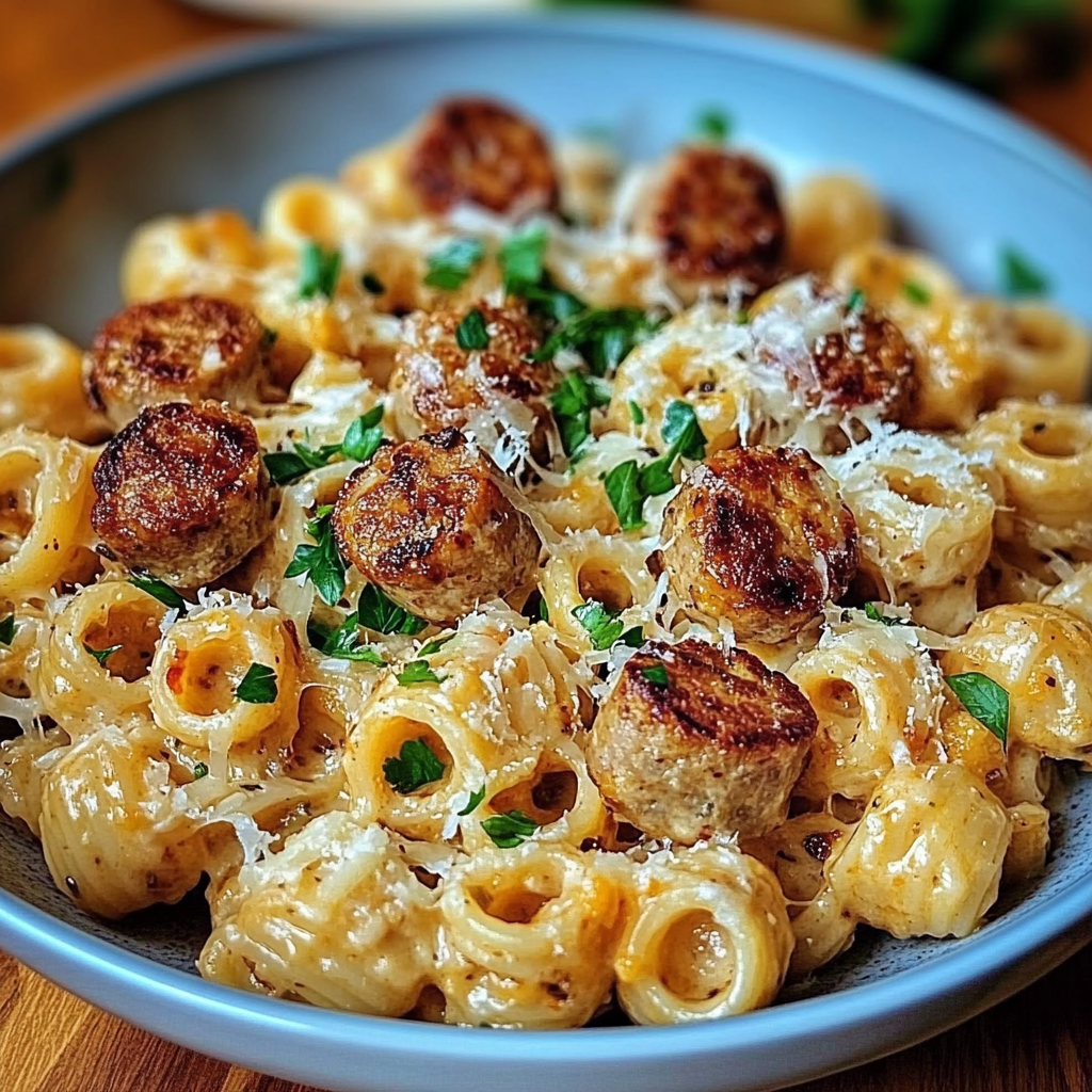 Recipe preparation for Garlic Butter Sausage Bites with Creamy Parmesan Pasta
