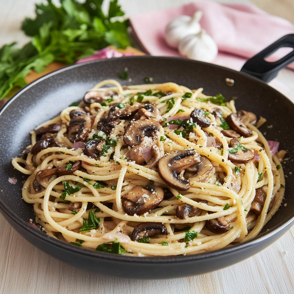 Recipe preparation for Mushroom and Garlic Spaghetti