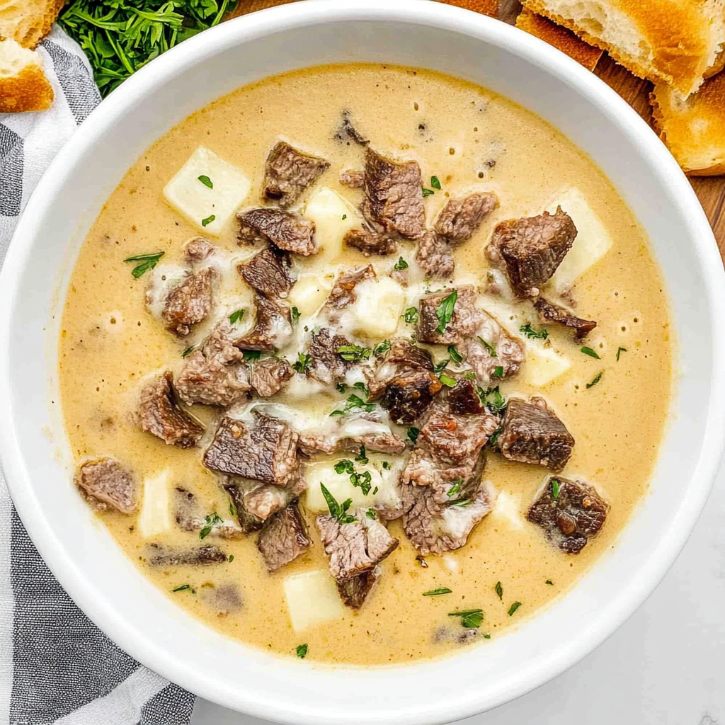 Recipe preparation for Philly Cheese Steak Soup