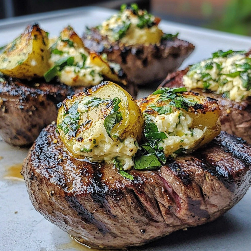 Recipe preparation for Grilled Steak Bite Loaded Potatoes