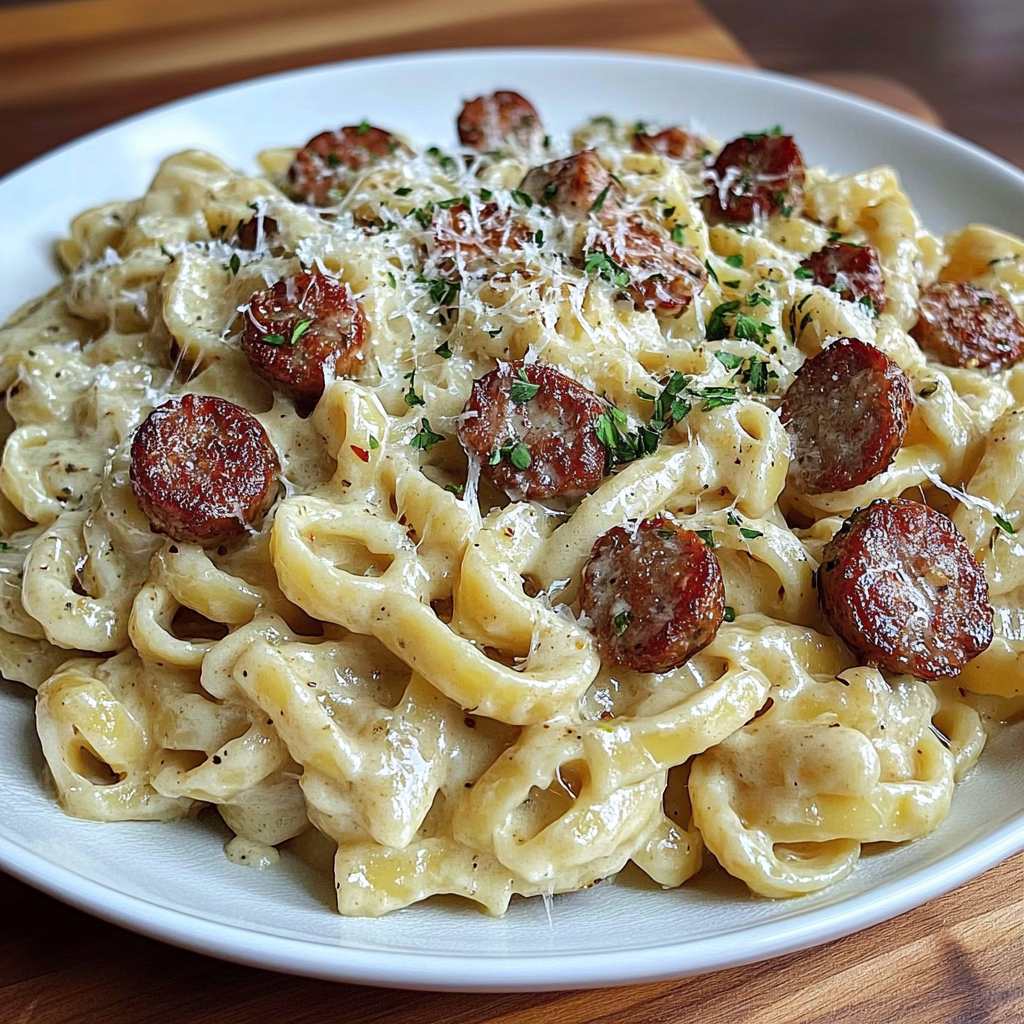 Recipe preparation for Smoked Sausage Alfredo Pasta