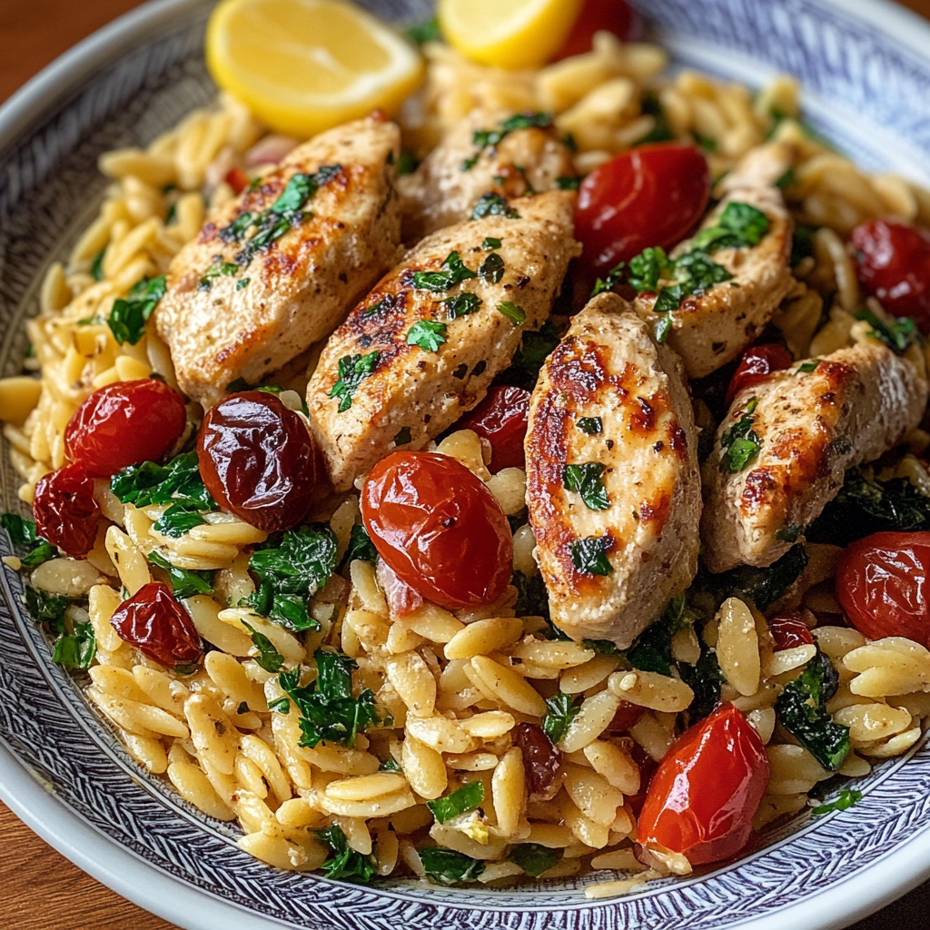 Recipe preparation for High Protein Mediterranean Chicken Orzo