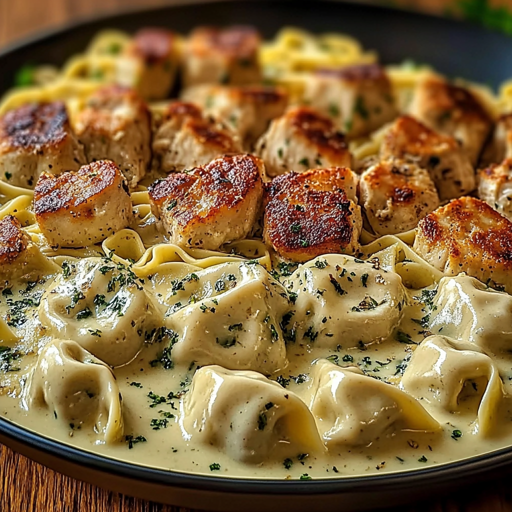 Recipe preparation for Garlic Butter Chicken Alfredo Tortellini