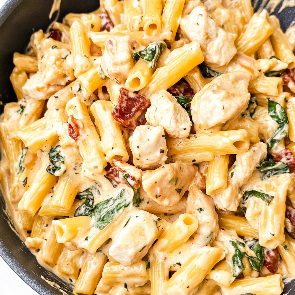 Recipe preparation for One-Pan Creamy Tuscan Chicken Pasta