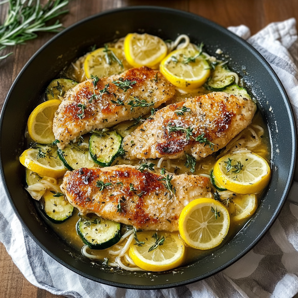 Recipe preparation for One-Skillet Lemon Parmesan Chicken Zucchini