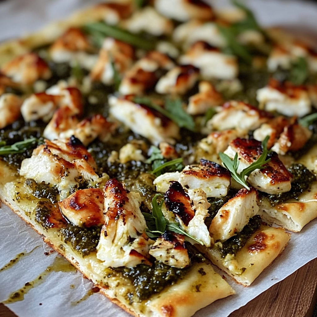 Recipe preparation for Pesto Chicken Flatbread