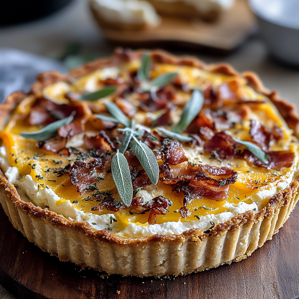 Recipe preparation for Pumpkin, Ricotta & Caramelized Onion Tart with Bacon and Sage