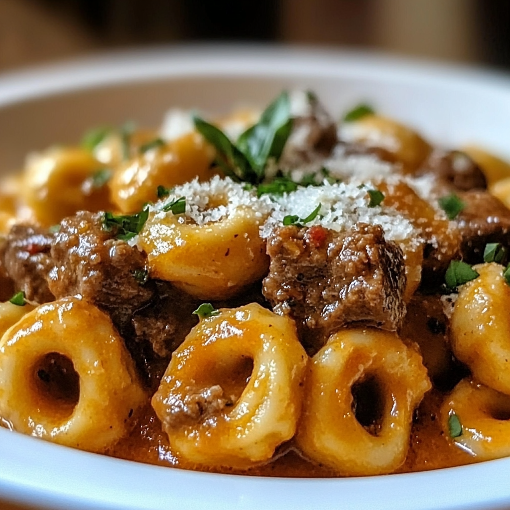 Recipe preparation for Cheesesteak Tortellini Provolone Sauce