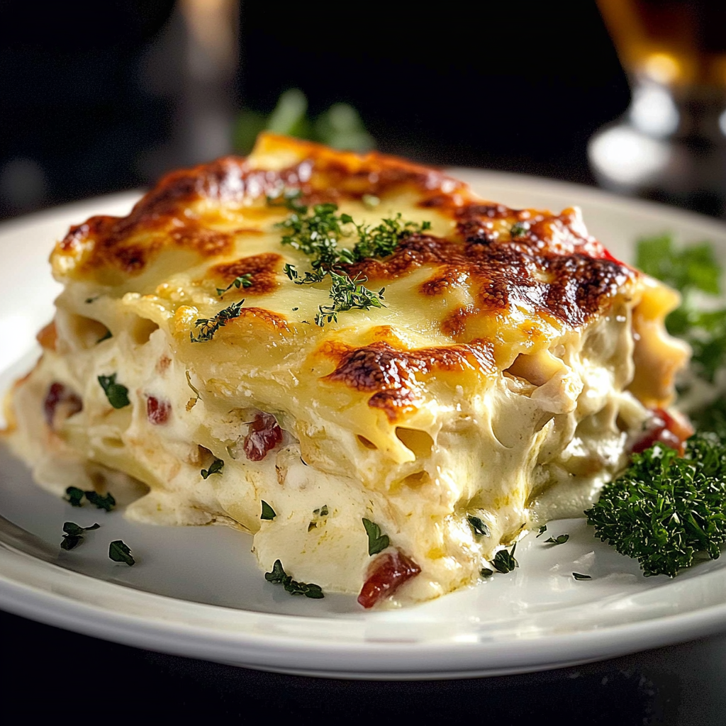 Recipe preparation for Creamy White Chicken Lasagna