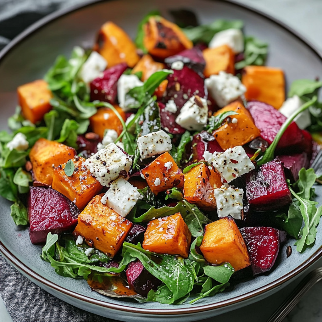 Recipe preparation for Creamy Roasted Beet Salad with Sweet Potato & Feta