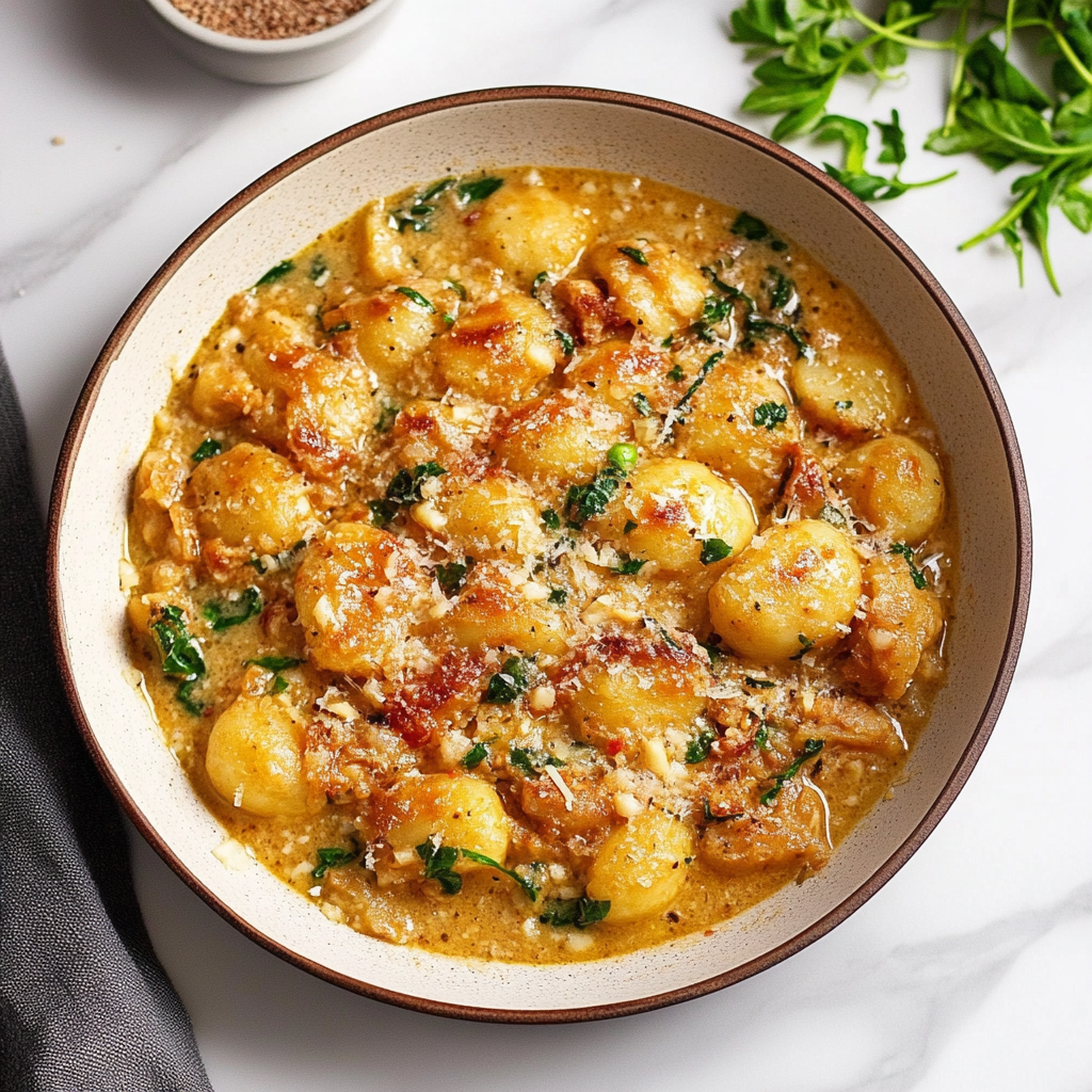 Recipe preparation for Garlic Chicken Gnocchi Skillet