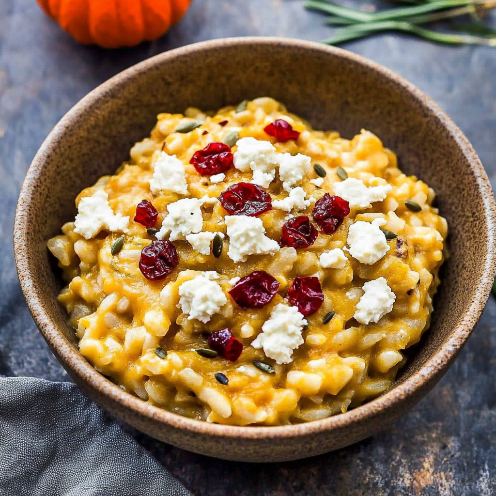 Recipe preparation for Baked Pumpkin Goat Cheese Risotto