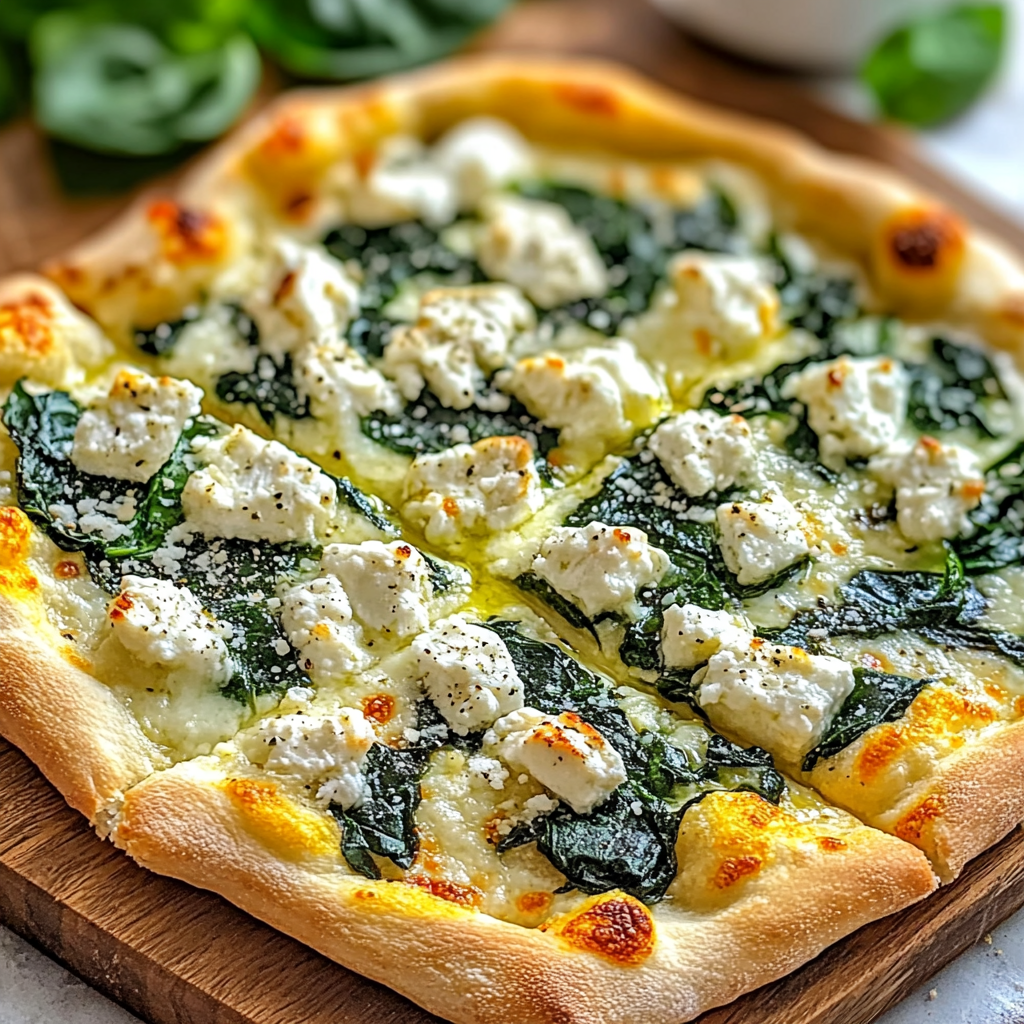 Recipe preparation for Greek Roasted Garlic Spinach White Pizza