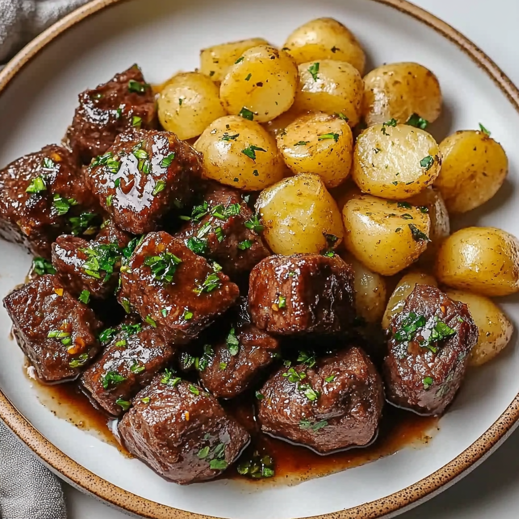 Recipe preparation for Garlic Butter Steak Bites and Potatoes