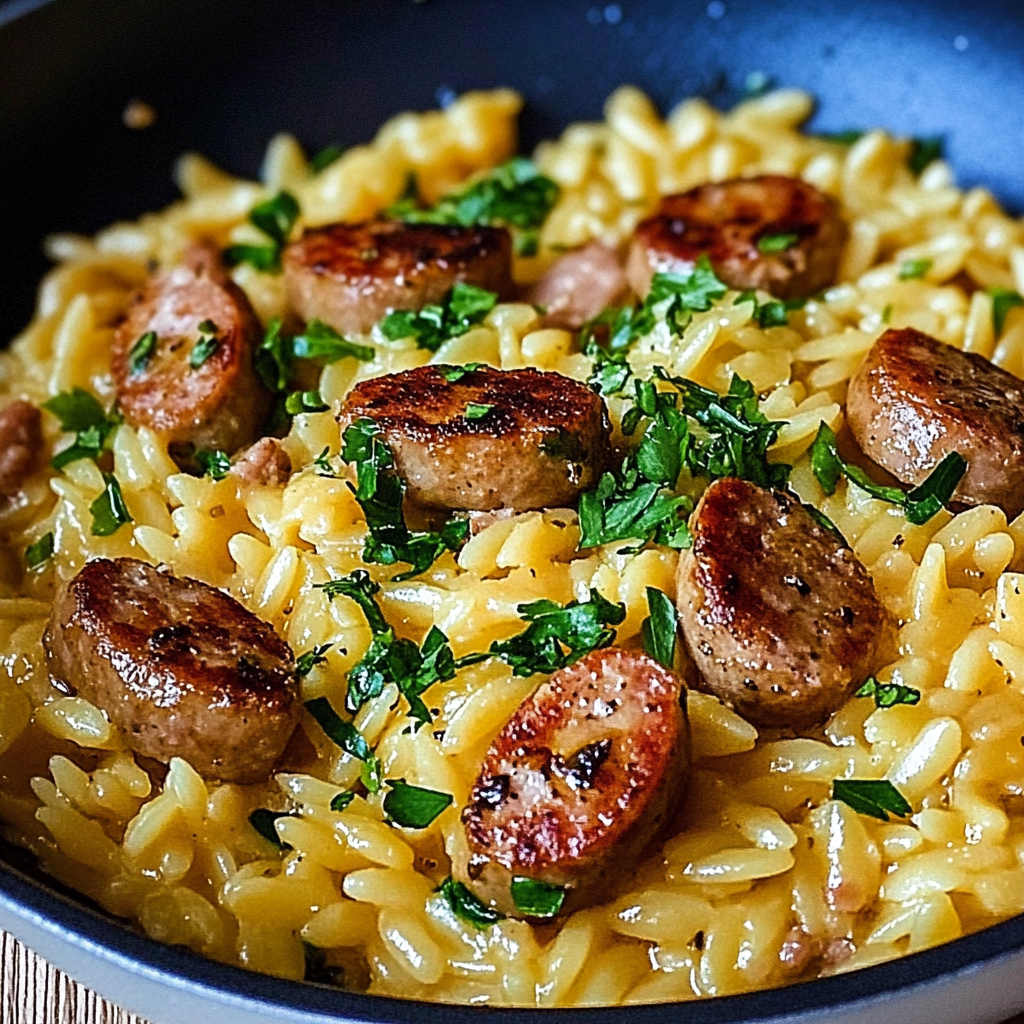 Recipe preparation for One-Pot Garlic Butter Sausage and Orzo