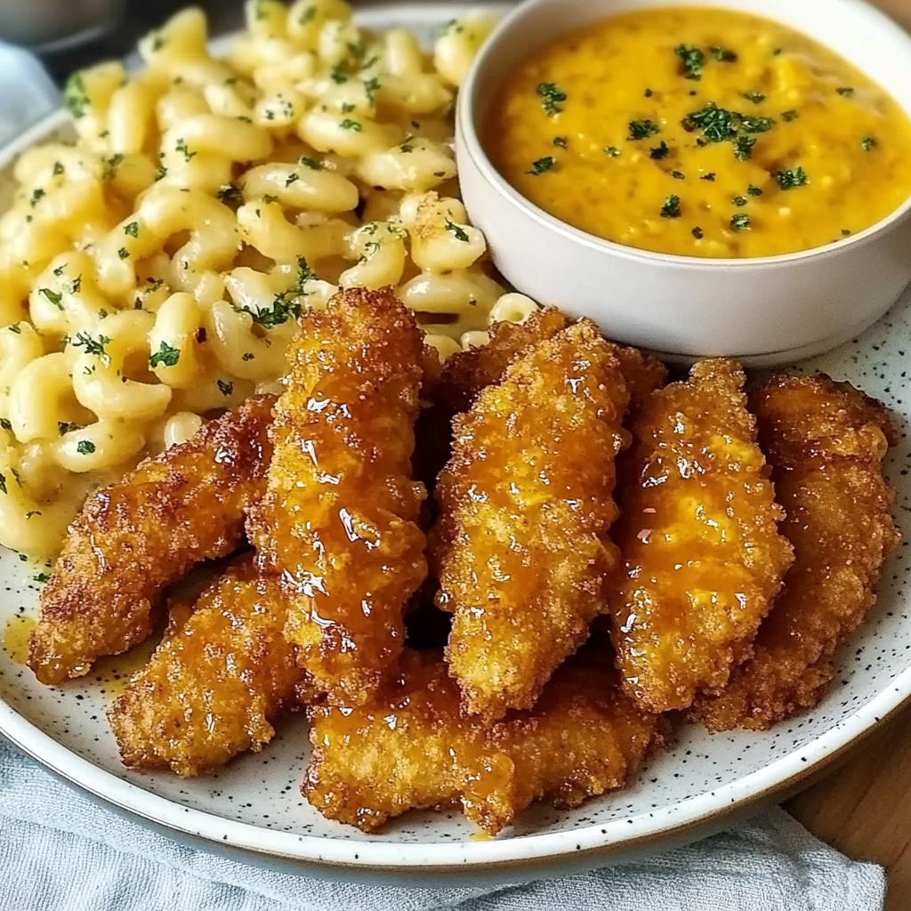 Recipe preparation for Hot Honey Chicken Tenders with Baked Mac and Cheese