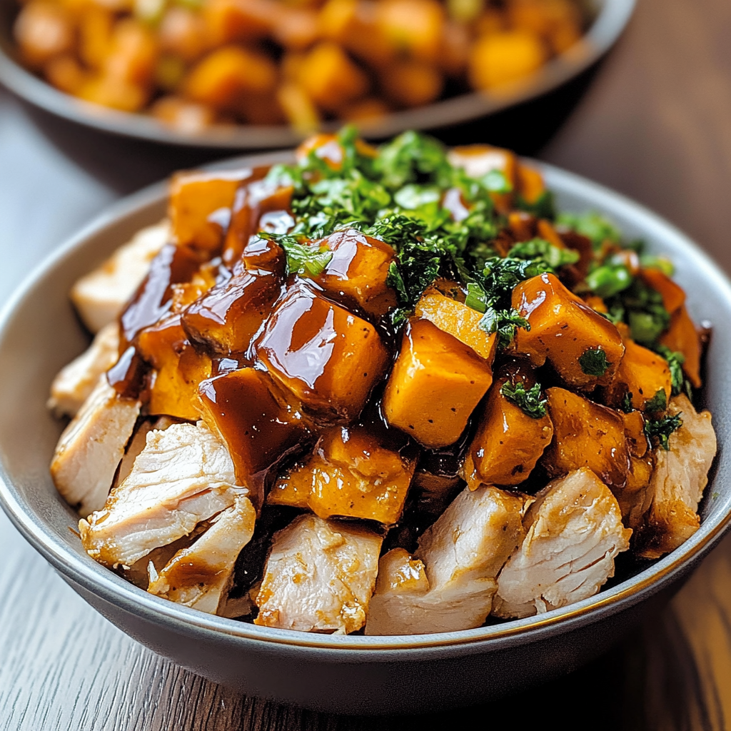 Recipe preparation for BBQ Chicken & Roasted Sweet Potato Bowls