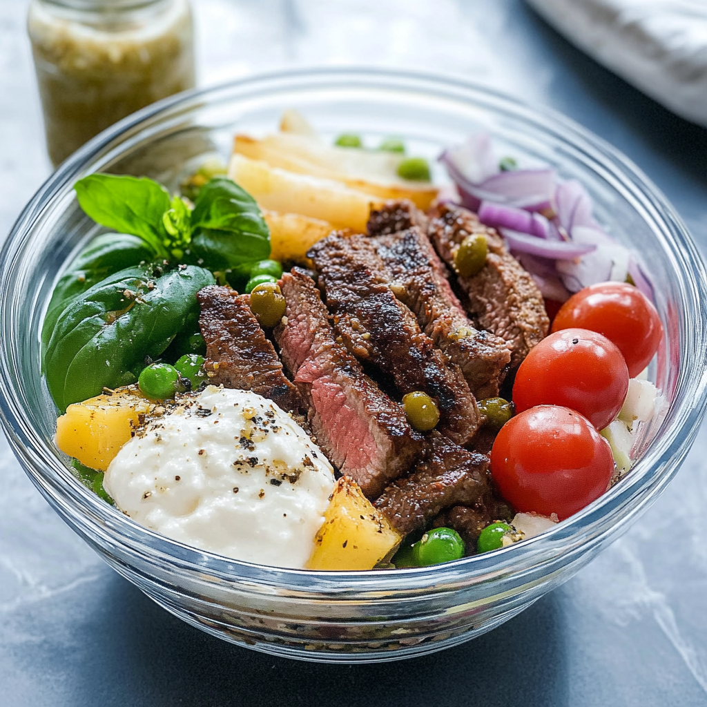 Recipe preparation for Mediterranean Steak Bowls