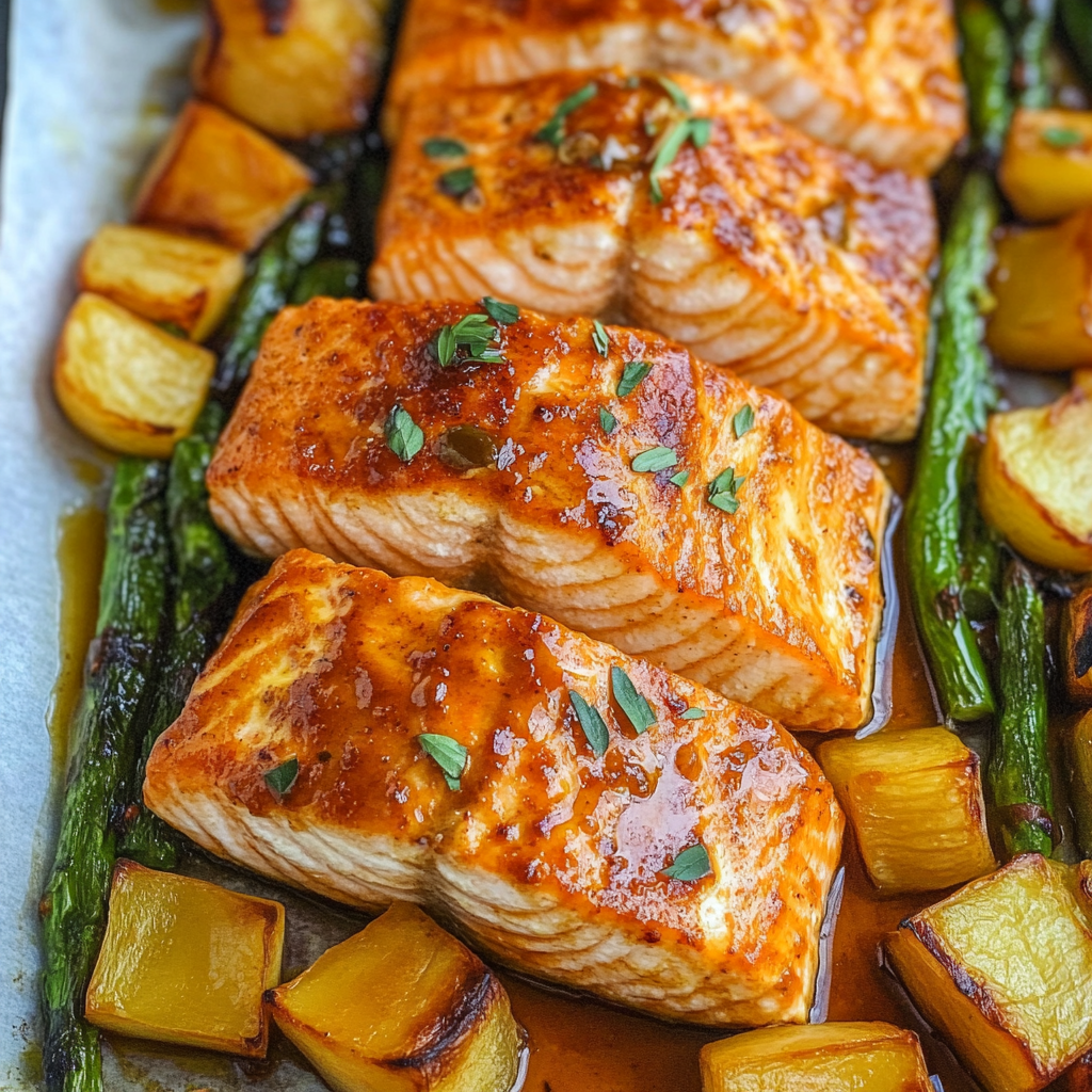 Recipe preparation for Maple Mustard Salmon Sheet Pan