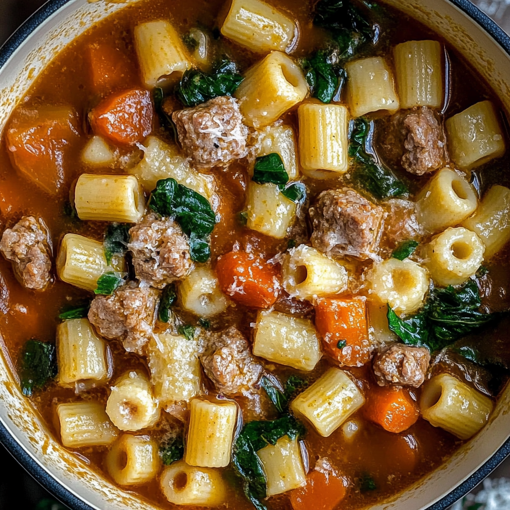 Recipe preparation for Creamy Parmesan Italian Sausage Ditalini Soup