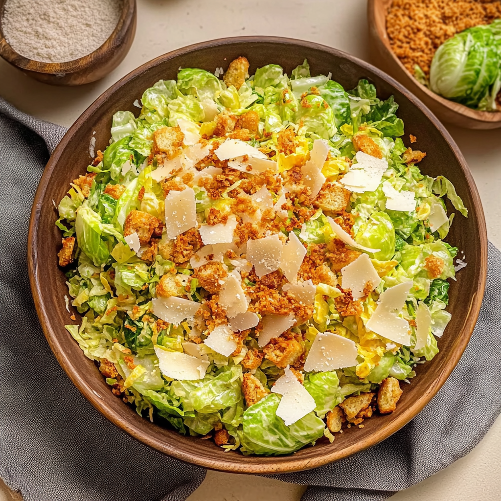 Recipe preparation for Brussels Sprouts Caesar Salad