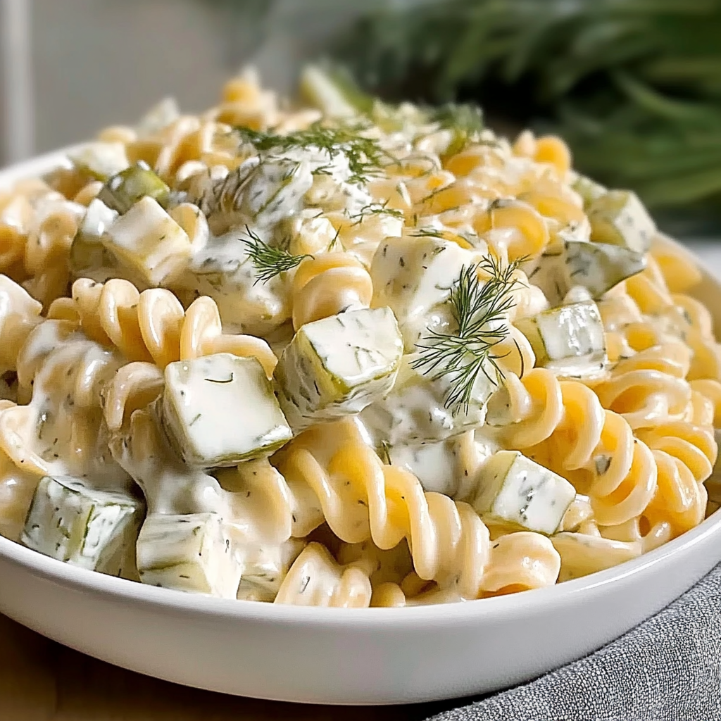 Recipe preparation for Simple Dill Pickle Pasta Salad