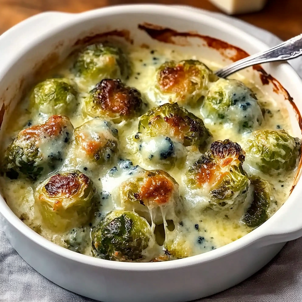 Recipe preparation for Tasty Brussels Sprouts Gratin with Blue Cheese