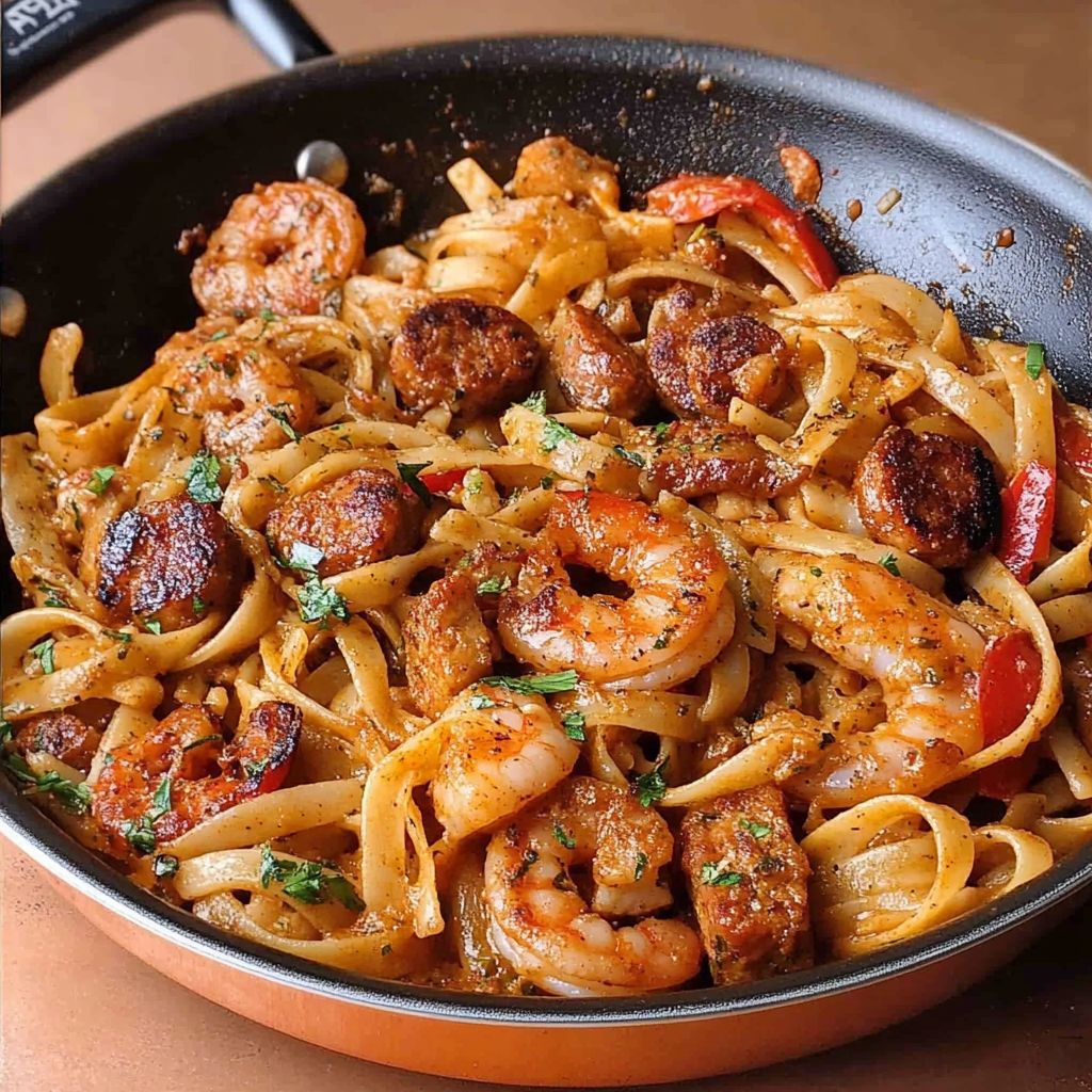 Recipe preparation for Cajun Ranch Shrimp and Sausage Pasta Skillet