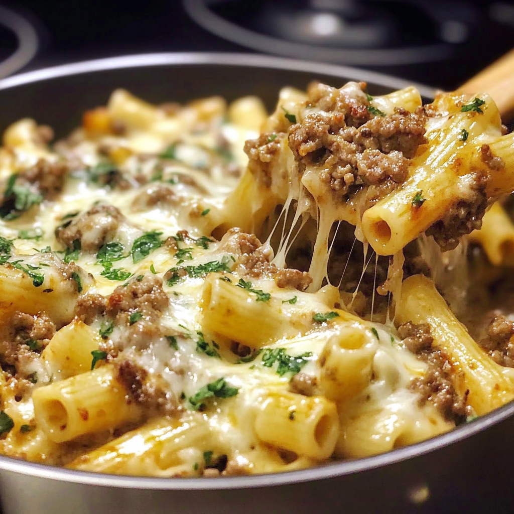 Recipe preparation for Cheesy Ground Beef Pasta Skillet