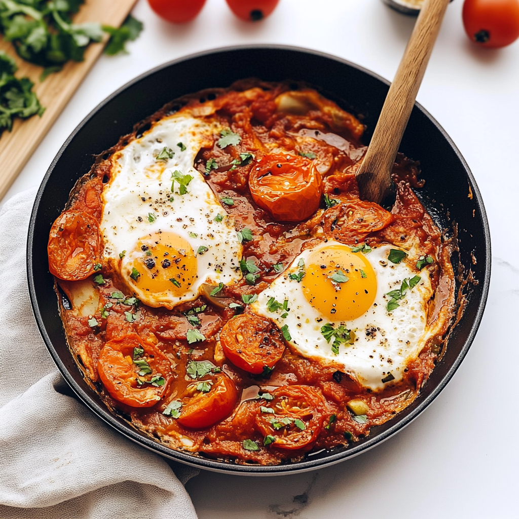 Recipe preparation for Shakshuka with blistered cherry tomatoes