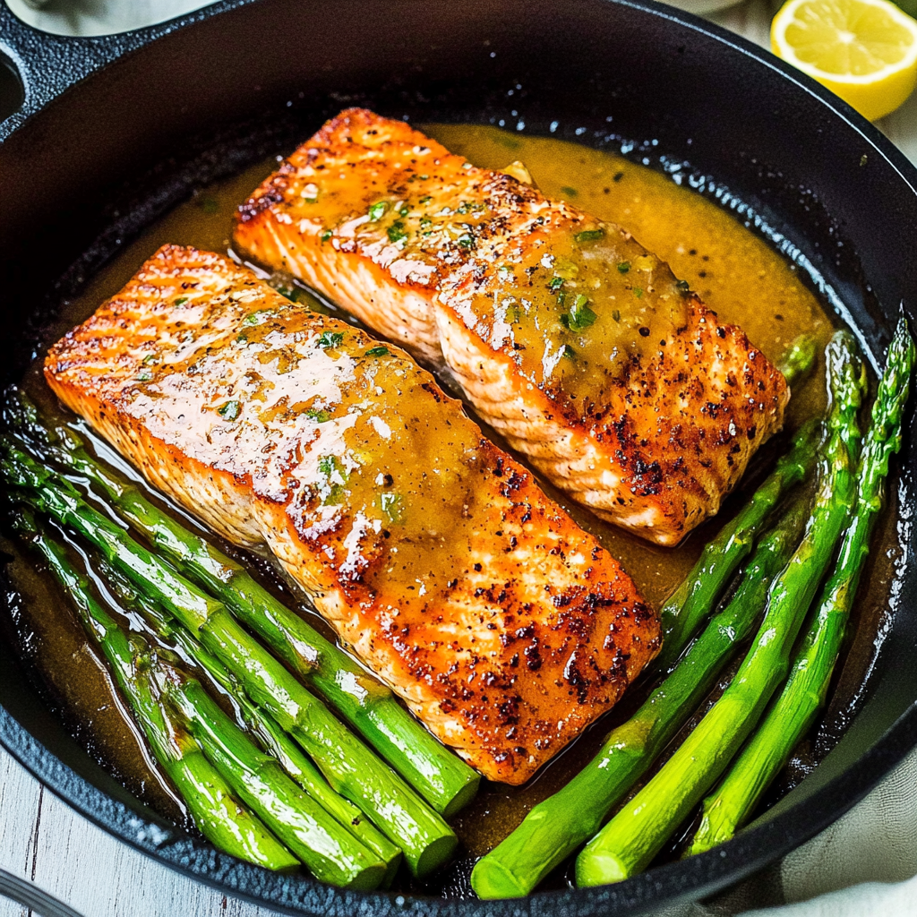 Recipe preparation for Honey Garlic Butter Glazed Salmon with Asparagus