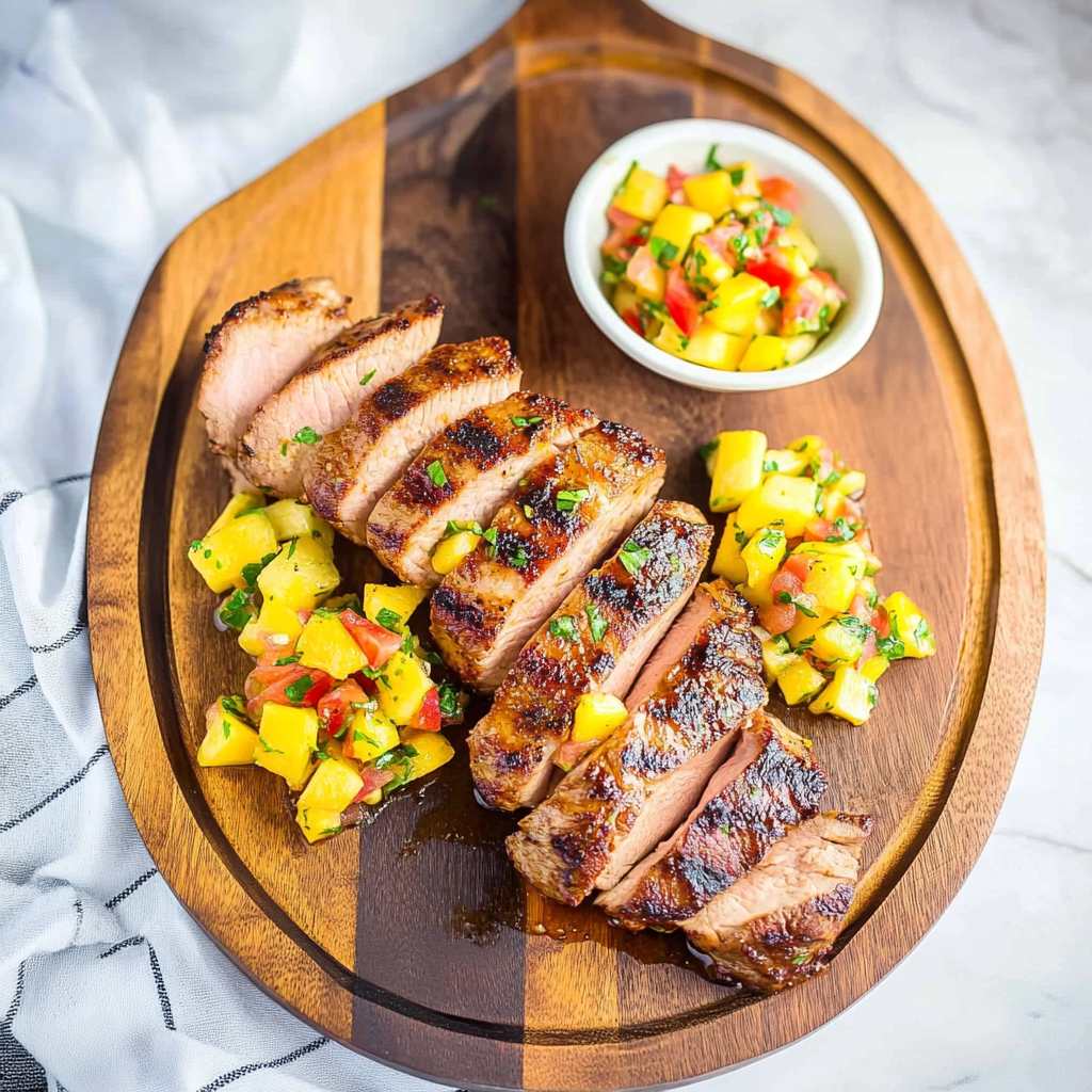 Recipe preparation for pork tenderloin with mango-pineapple salsa