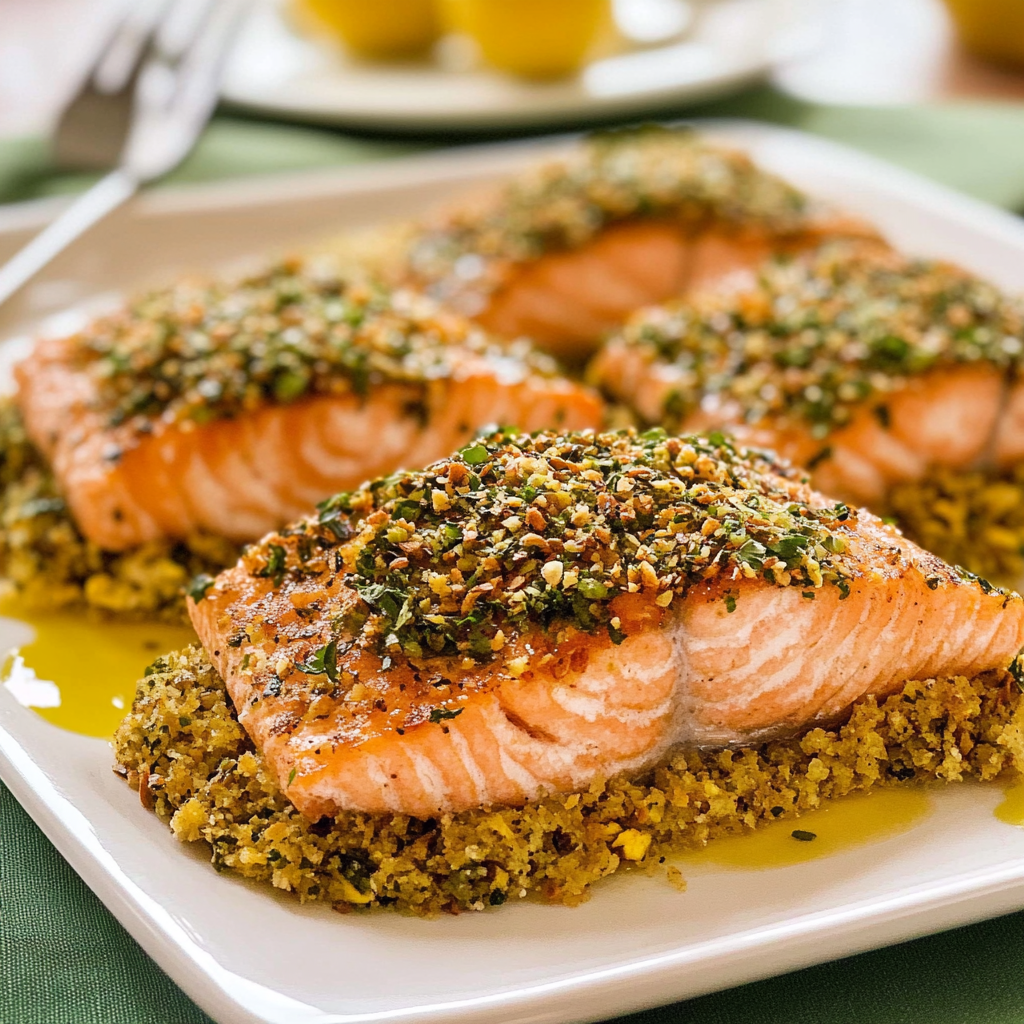 Recipe preparation for Pistachio-herb crusted salmon