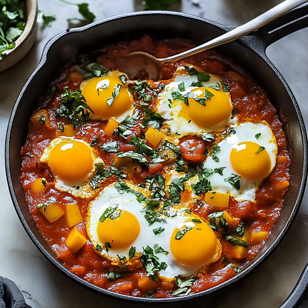 Recipe preparation for Shakshuka-Style Harissa Eggs with Feta