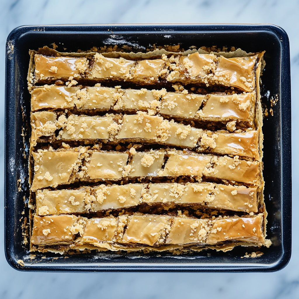 Recipe preparation for Tahini-honey baklava butter bars
