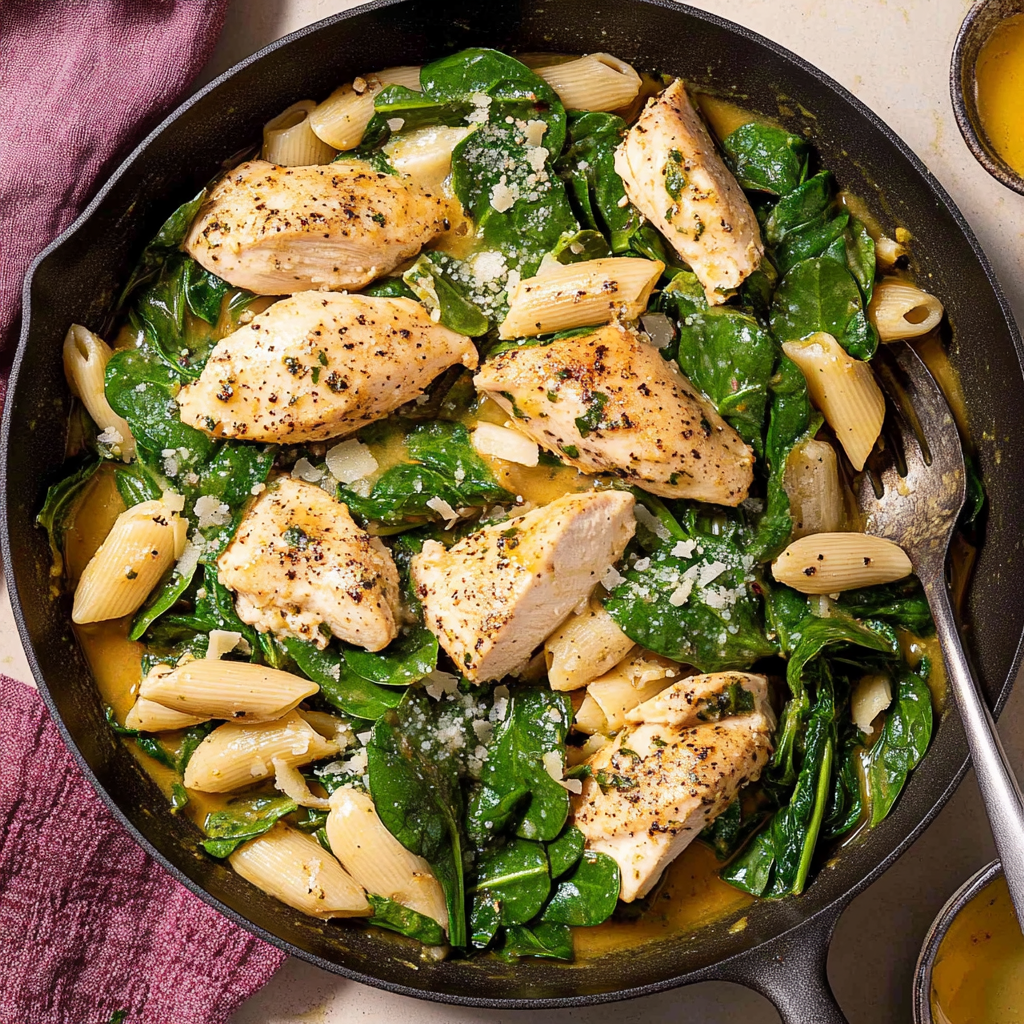 Recipe preparation for Skillet Chicken and Spinach with Lemon & Parmesan