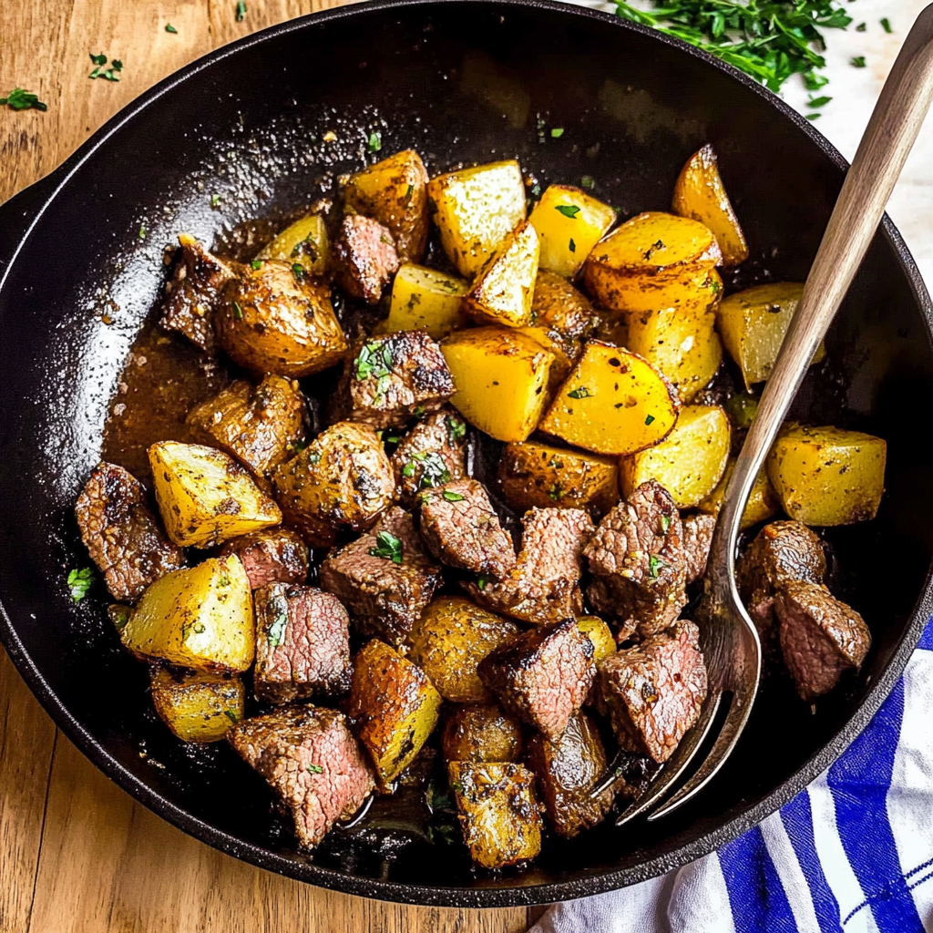 Recipe preparation for Garlic Butter Steak Bites with Potatoes
