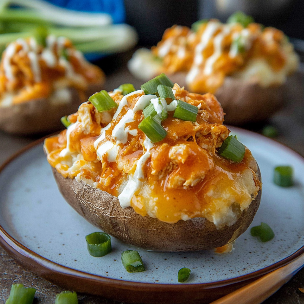 Recipe preparation for Cheesy Buffalo Chicken Stuffed Potatoes