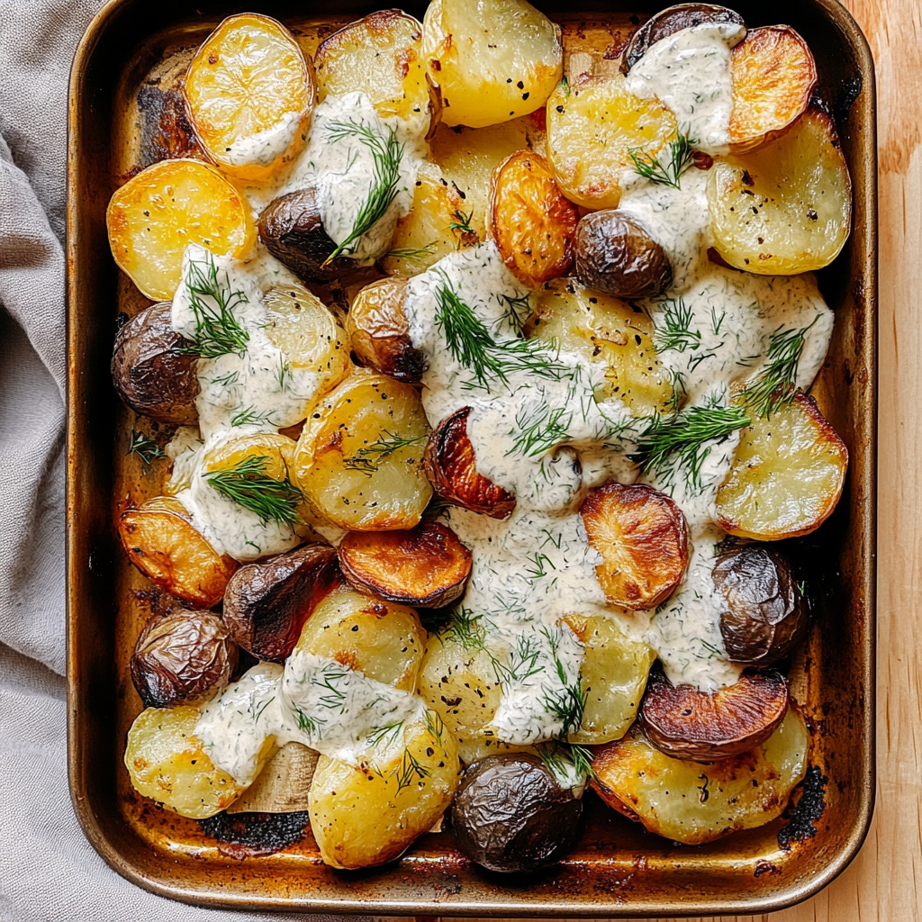 Recipe preparation for Smashed Potatoes with Lemon Dill Cream Sauce