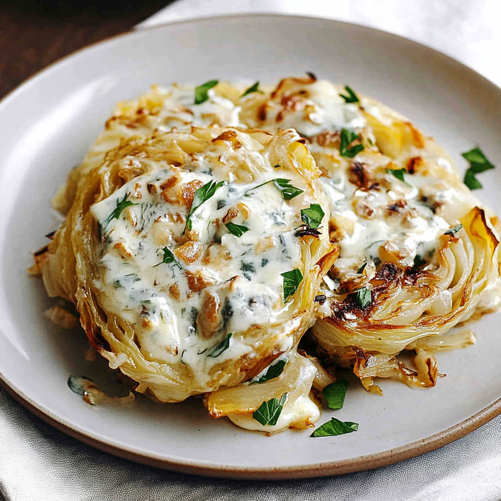 Recipe preparation for Whole Roasted Cabbage with Blue Cheese Sauce