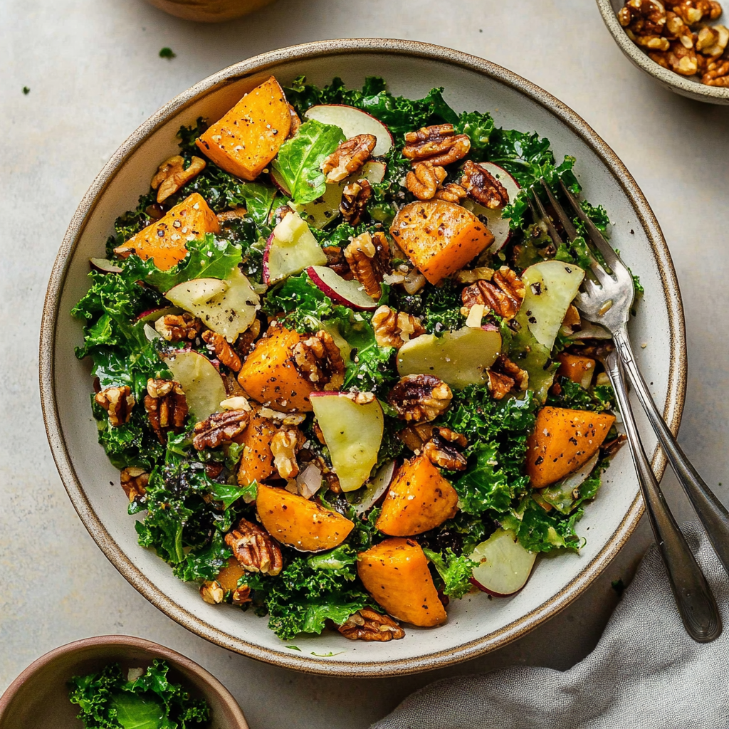 Recipe preparation for Sweet Potato Kale Salad with Maple Mustard Dressing