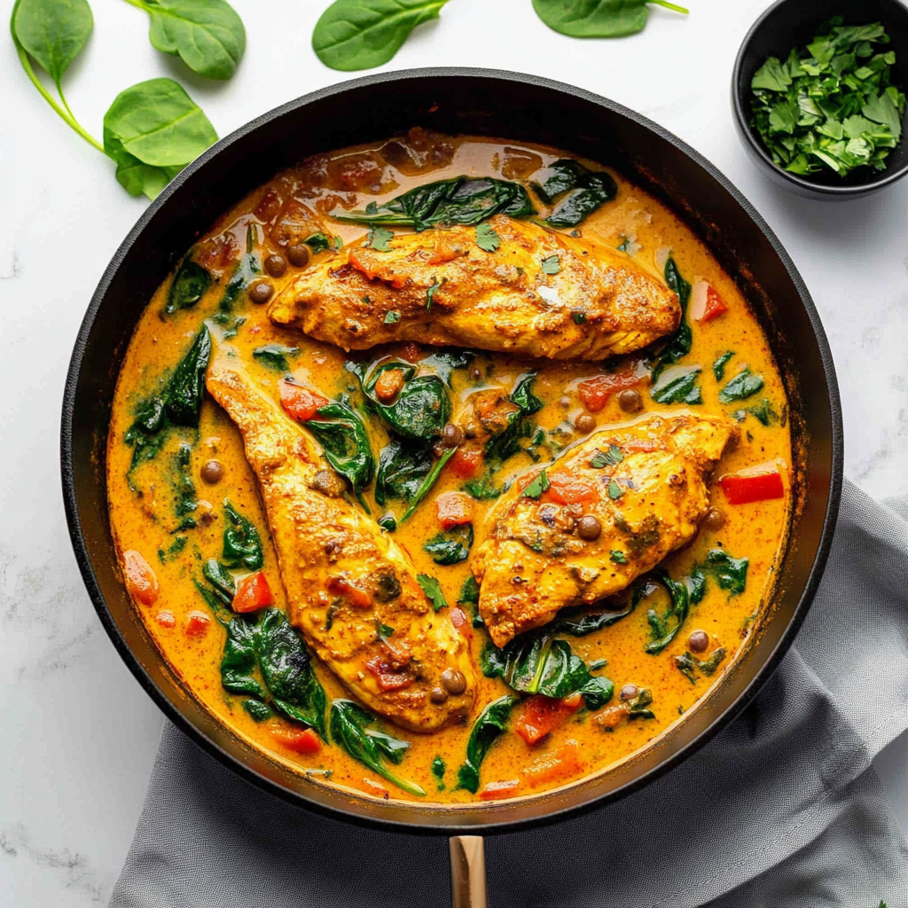 Recipe preparation for Coconut Turmeric Chicken Skillet with Spinach & Lentils