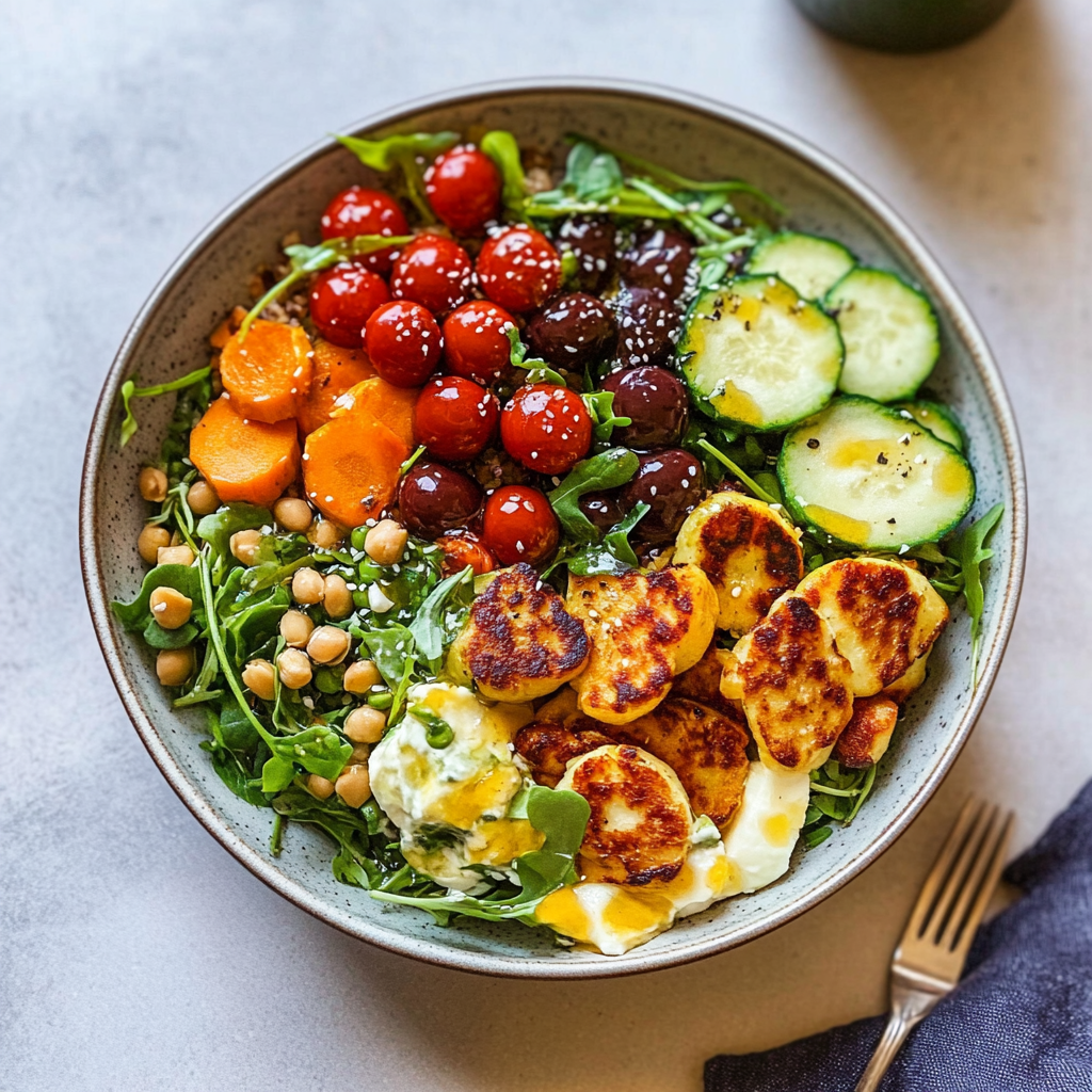 Recipe preparation for Charred vegetable & halloumi grain bowl