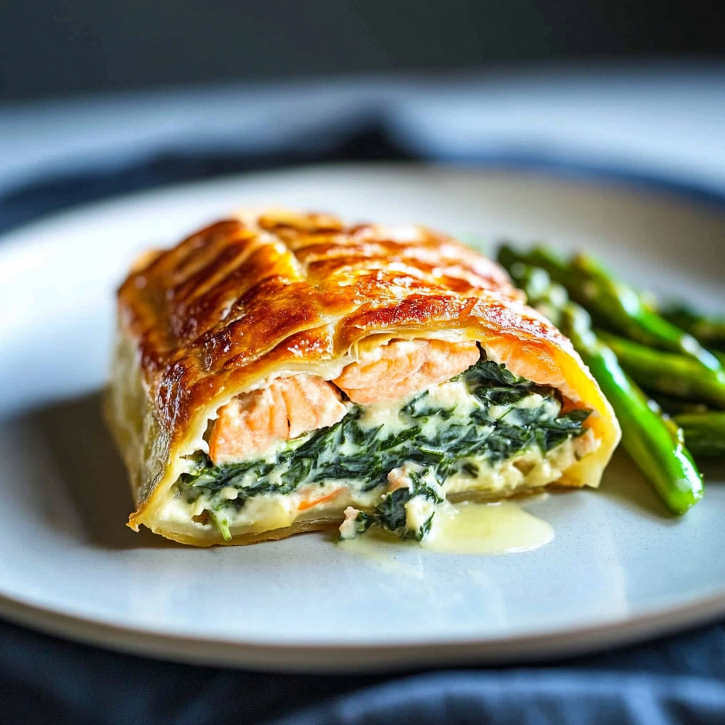 Recipe preparation for Salmon en-croute with dill-cream & spinach
