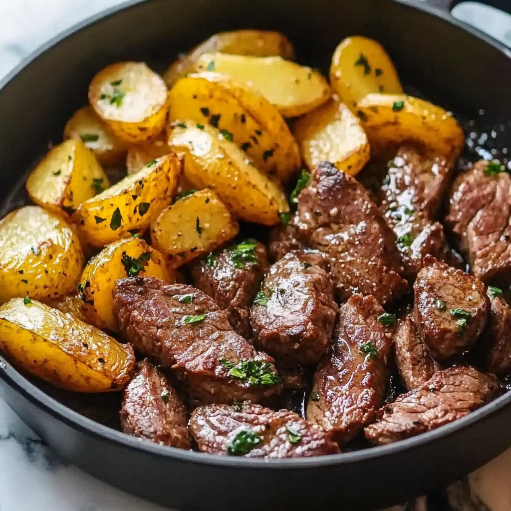Recipe preparation for Garlic Butter Steak and Potatoes Skillet