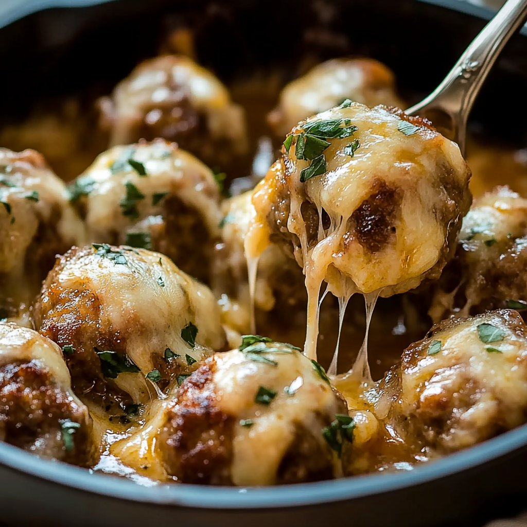 Recipe preparation for Cheesy French Onion Meatballs