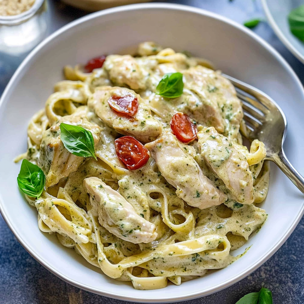 Recipe preparation for Creamy Chicken Pesto Pasta
