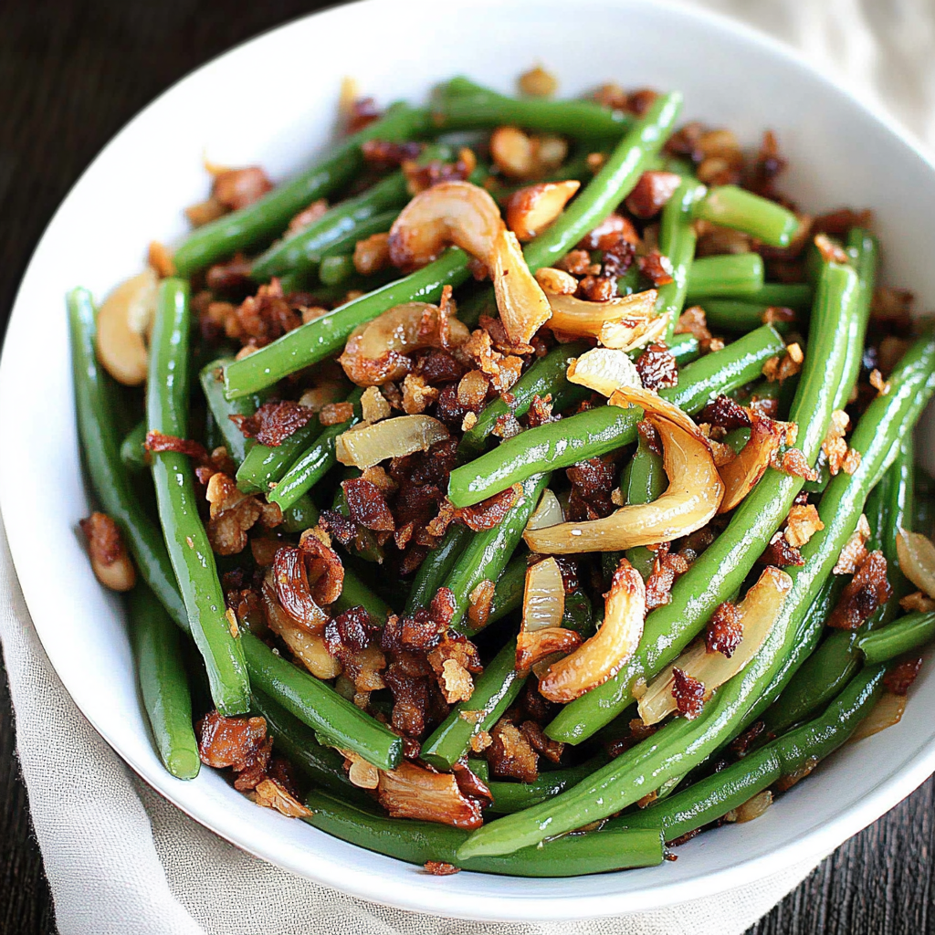 Recipe preparation for Green Beans with Brown Butter, Crispy Shallots, and Hazelnuts