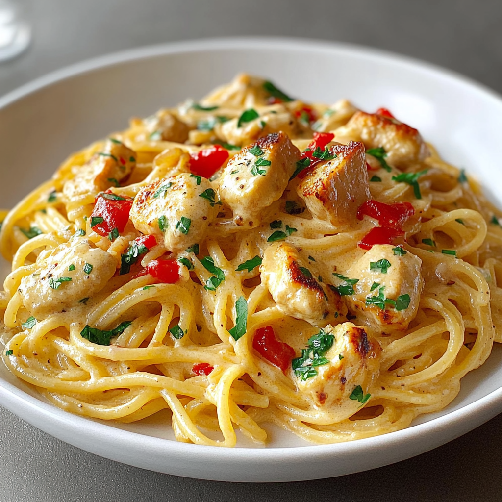 Recipe preparation for Monterey Chicken Creamy Spaghetti