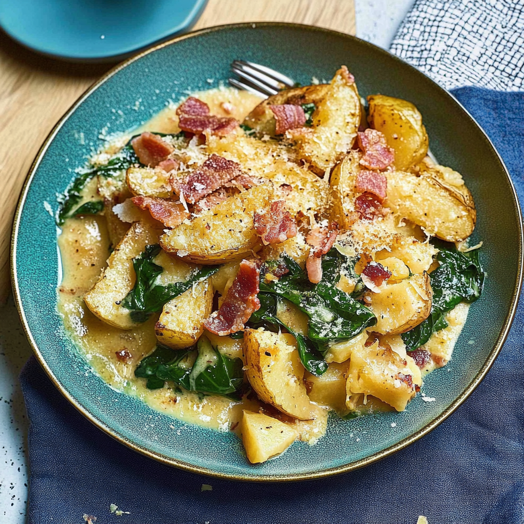 Recipe preparation for Warm Spinach Bacon Potato Skillet